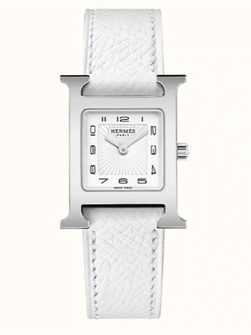 Hermes White Leather H Hour Stainless Steel Women's Watch